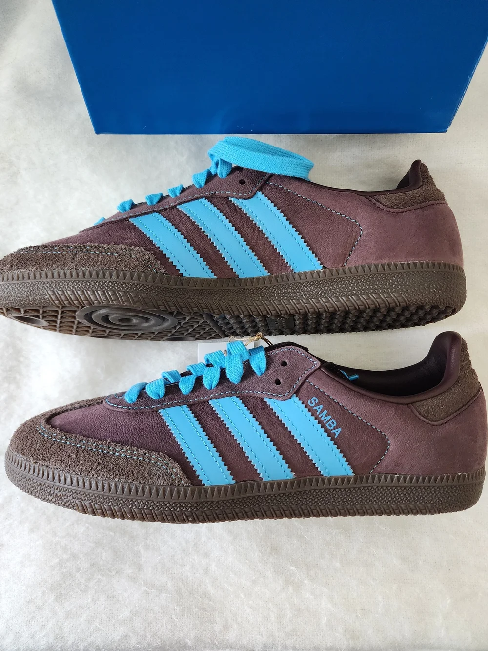 adidas Brown Suede Sneakers with Bright Blue Stripes and Laces - Picture 8 of 11